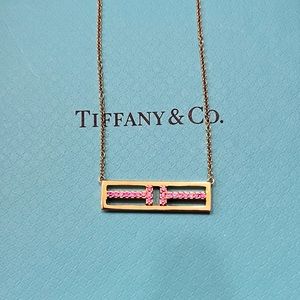 18K Rose Gold T Two Bar Necklace with Pink Sapphires